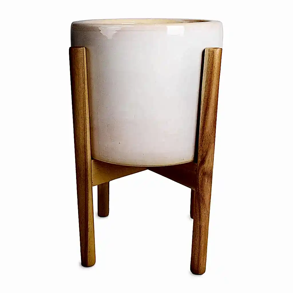 Anzio Plant Pot with Wooden Stand - Stone White